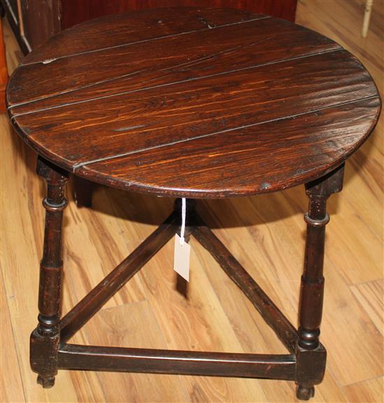 An 18th century and later oak and fruitwood cricket table, W.2ft 1in.